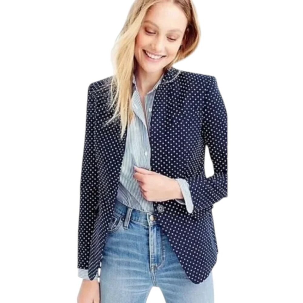 J. Crew Linen Cotton Navy Blue Polka Dot Blazer